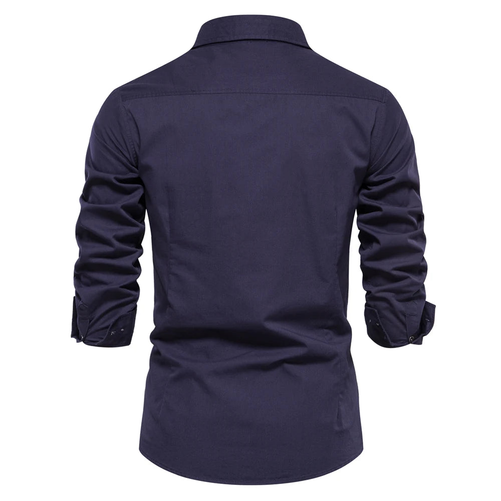 Men's Autumn Military Style 100% Cotton Pocket Shirt Solid Colour Slim Casual Long Sleeve Male Shirt For Men