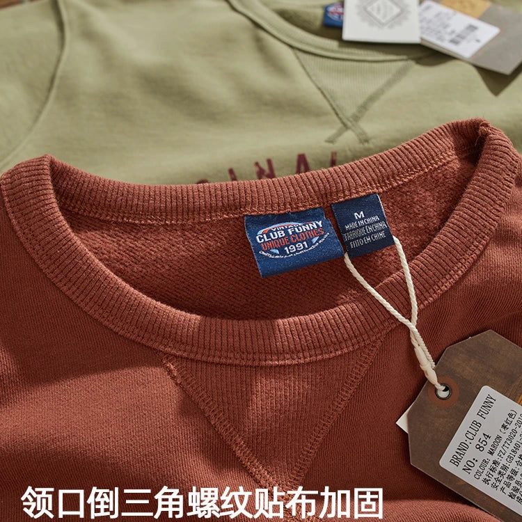 Herfst Nieuwe Amerikaanse Retro 450g Dikke Fluwelen Motorfiets Bedrukte Sweatshirts Heren Eenvoudige Gewassen Jeugd Casual Pullover Sportkleding