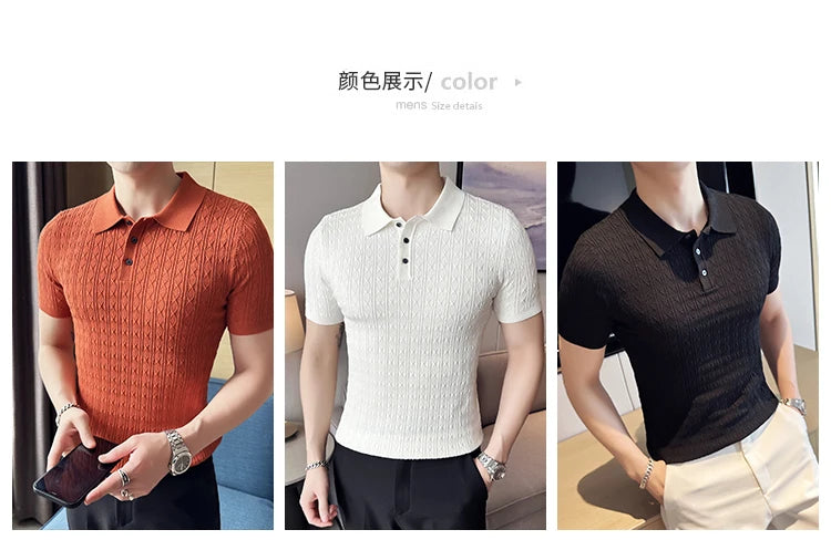 Men's Slim-Fit Jacquard Knitted Short-Sleeved Polo Shirt for Male Fashion Lapel Golf Shirt