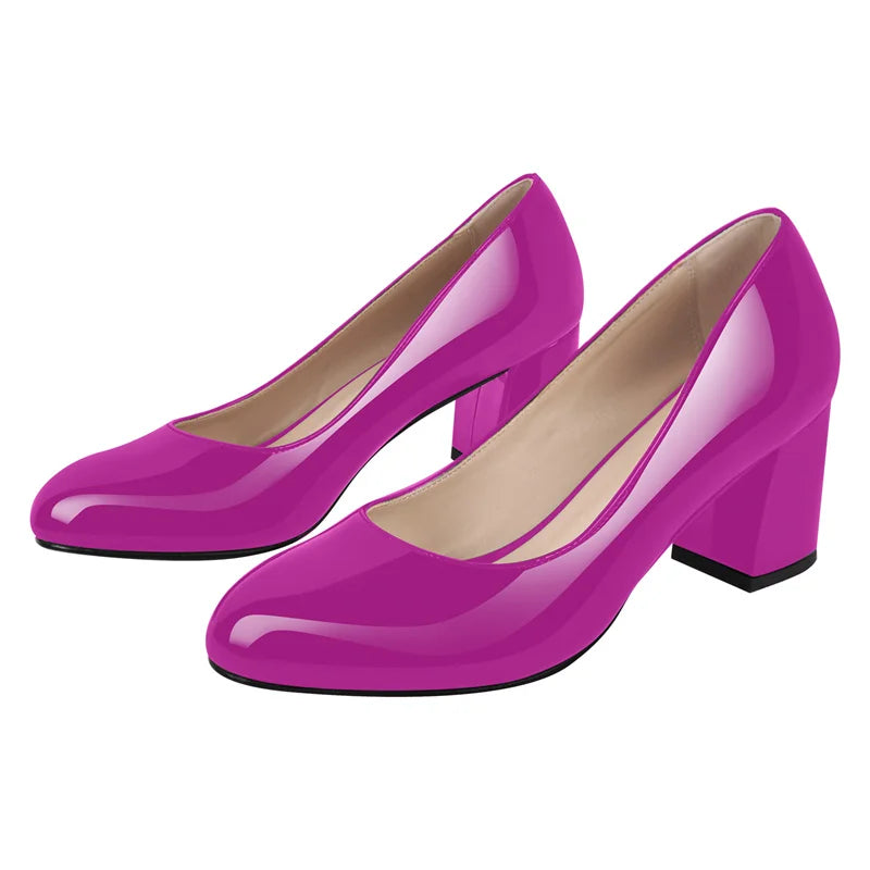 Women Pumps Black Round Toe Block Classic Slip On Thick Heel Office Dress Elegant Handmade Chunky Shoes