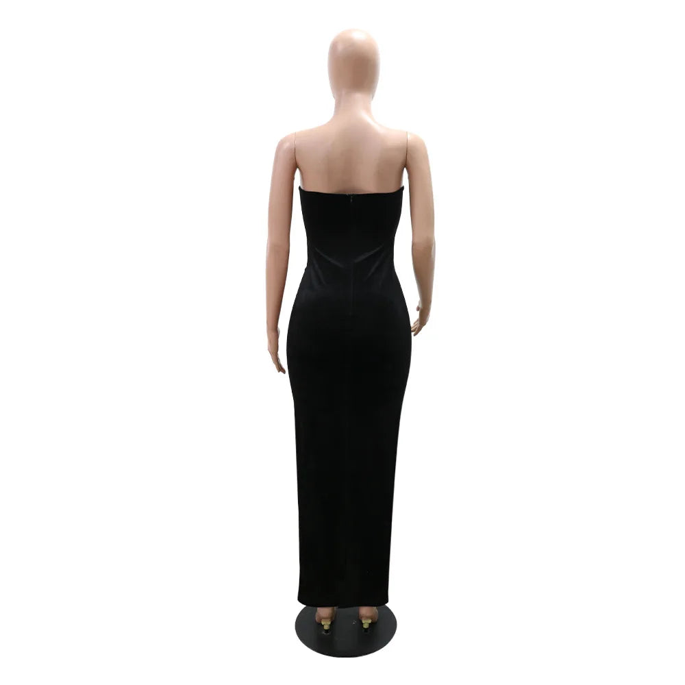 Women's Sexy Solid Color Backless Sleeveless Rhinestone Decor Velvet Bandeau Party Dress
