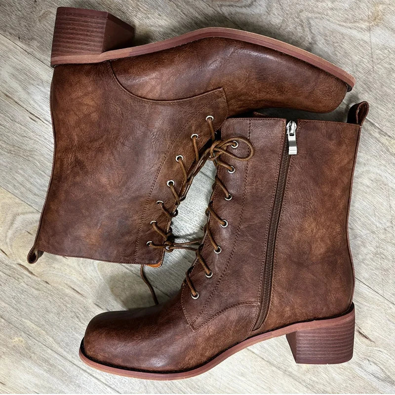 Women Brown Lace UP Ankle Boots Round Toe Gothic Heeled Concise Side Zipper Winter Motorcycle Boots