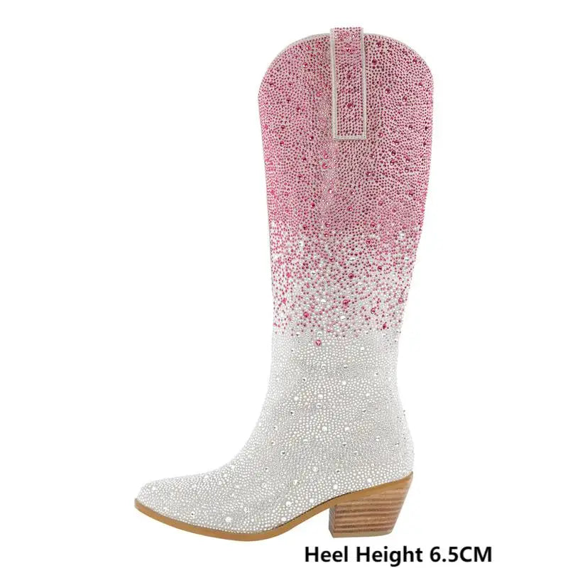 Women Pointed Toe Rhinestone Knee High Western Cowgirl Boots Glitter Bling Shiny Block Heel Lady Boots