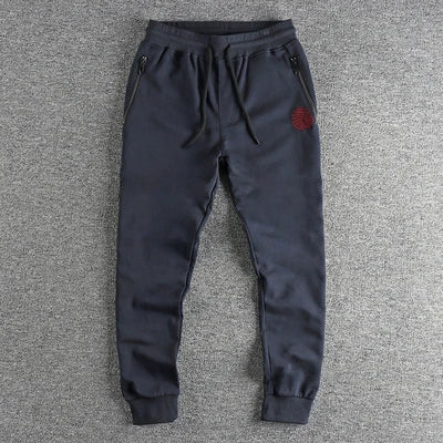 Autumn American Retro Terry Knitted Embroidery Sweatpants Men's Simple Elastic Waist Drawstring Sport Casual Youth Slim Pants