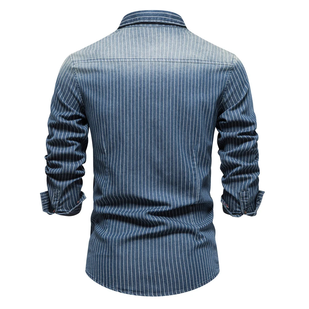Men's Cotton Denim Shirts Striped Stretch Long Sleeve High Quality Jeans Shirts Casual Slim Cowboy Shirts For Men