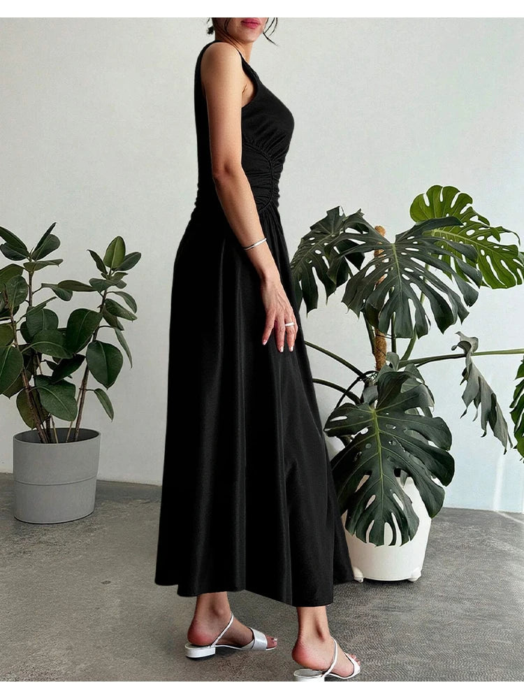 Dresses Spring Summer Fashion Elegant Solid Colour Sleeveless Round-Neck Midi Party Shift Dresses For Women