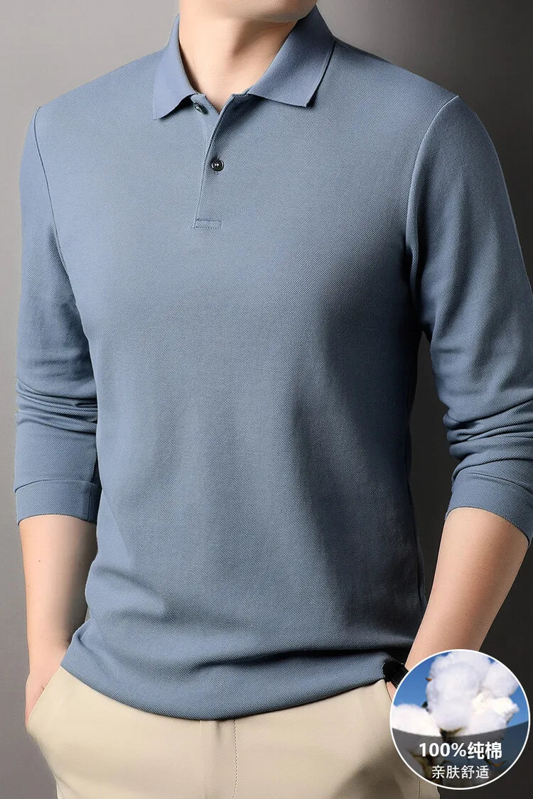 Men's 100% Cotton Polo Shirt, Four Seasons Universal Leisure Long Sleeve, Breathable Lapels T-shirt, Perfect and Durable for Golf Sports