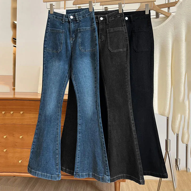 New Women's High Waist Washed Jeans Korean Style Pockets Slim Denim Flared Pants Ladies Vintage Stretch Classic Jean Trousers