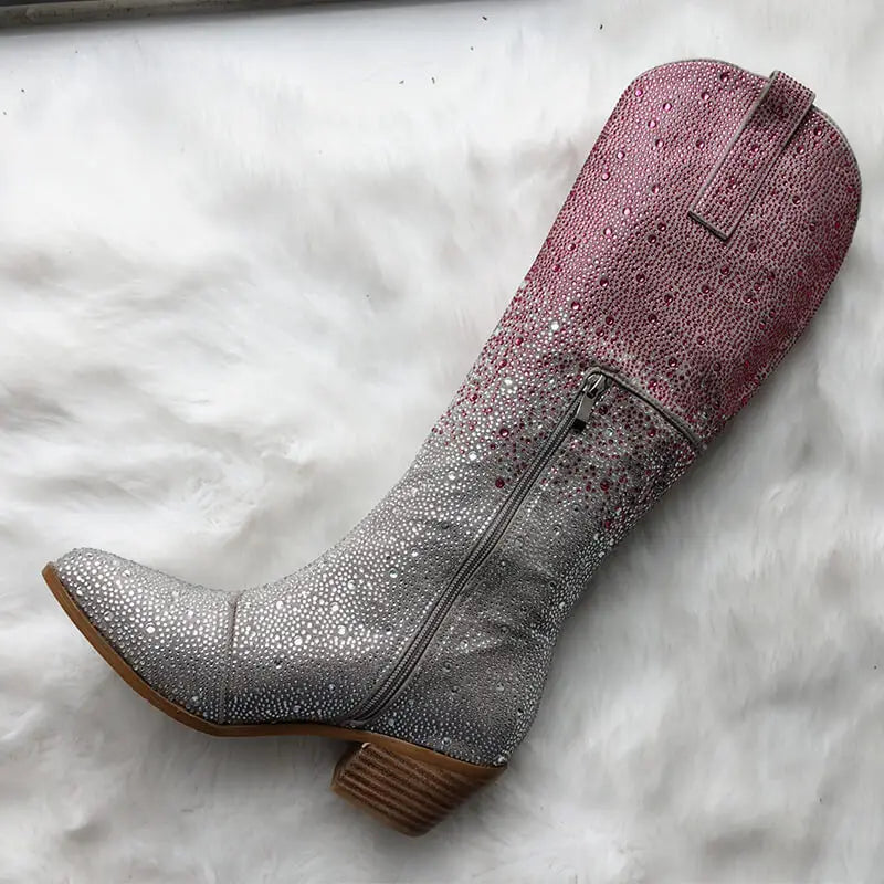 Women Pointed Toe Rhinestone Knee High Western Cowgirl Boots Glitter Bling Shiny Block Heel Lady Boots