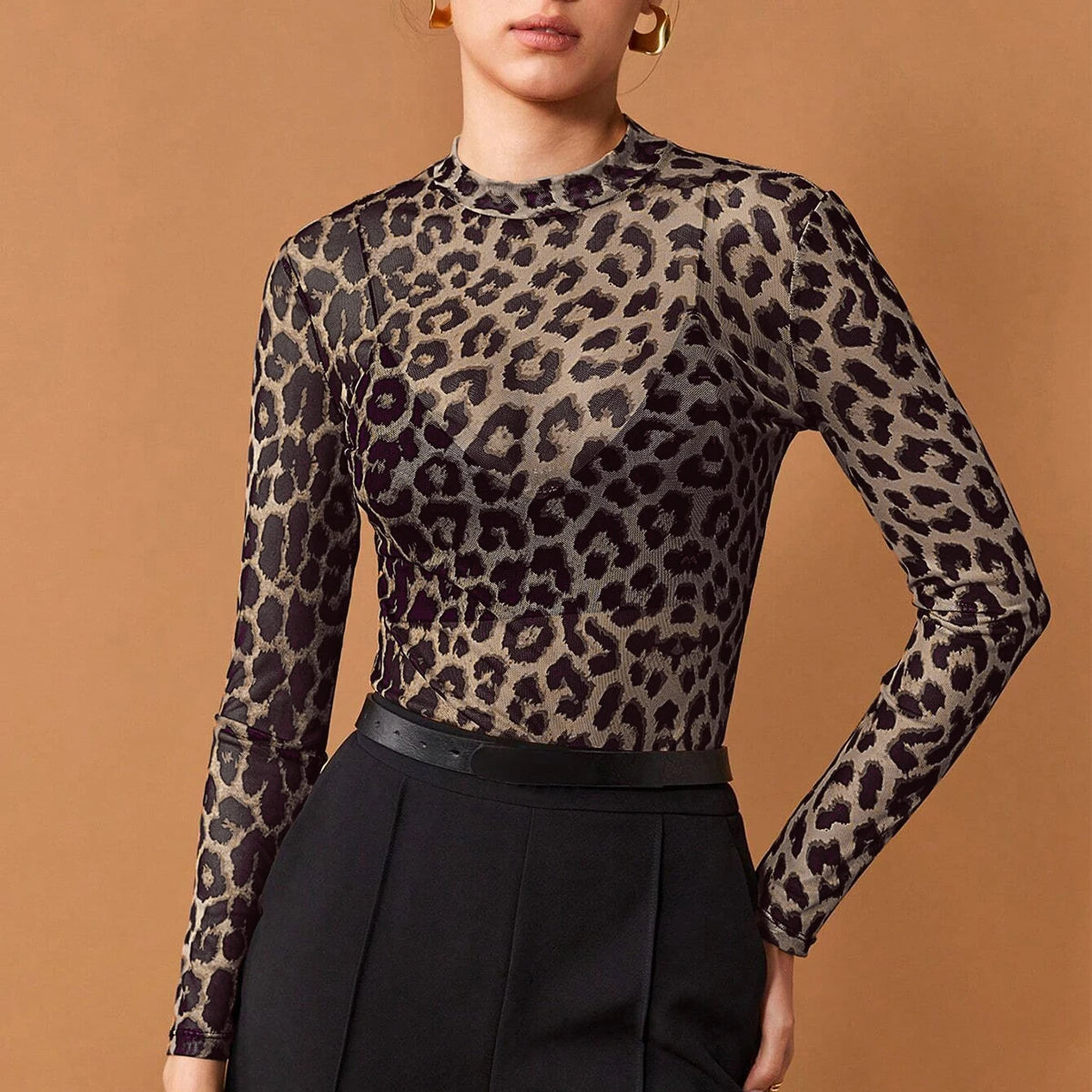 Women's T-Shirts Autumn Daily Basic Leopard Mesh Long Sleeve Crew Neck Fashion High Street T-Shirts