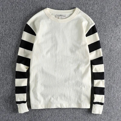Herfst Amerikaanse Retro Lange Mouw Zwaargewicht Gestreept T-shirt Herenmode Puur Katoen Gewassen Gevangenis Motorfiets Casual Tops