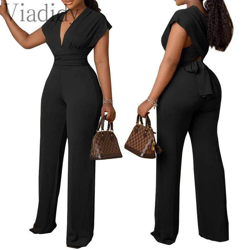 Women Solid Color V-Neck Short Sleeve Slim Waist Back Lace-Up Jumpsuit