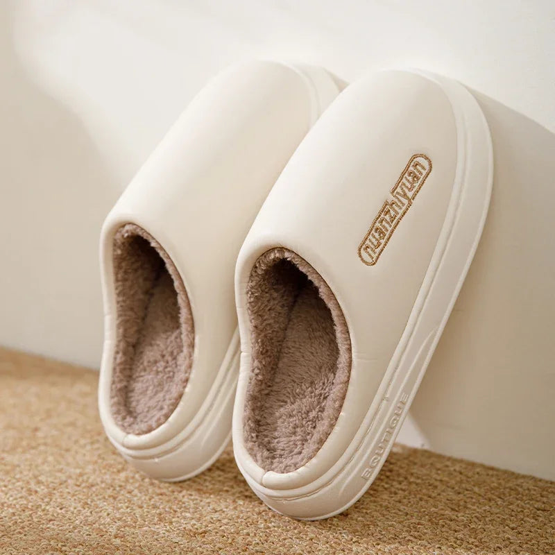 Unisex Anti-slip Waterproof Winter Cotton Slippers Women Men Home Indoor Warm House Shoes Couple Soft Flat PVC Sole Footwear