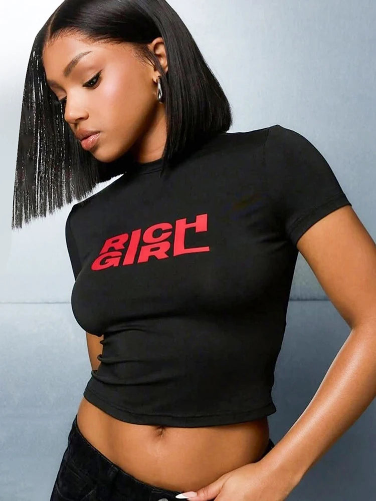 Letter Print Fashion Crop Tops Women Summer Trend o-Neck Mini Sleeve Daily Casual Simple Classic Streetwear T-Shirts