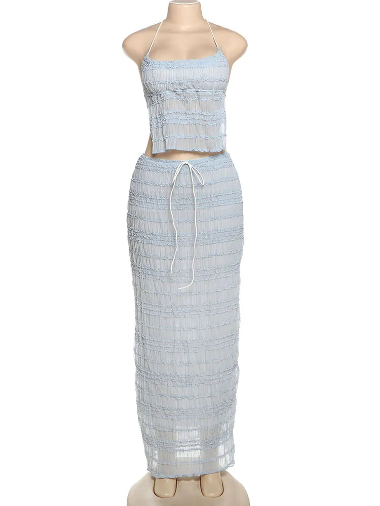 Sexy See-Through 2 Piece Set Women Lace-Up Halter Backless Crop Tops + Ruched Elegant Skirts Vacation Beach Party Suits