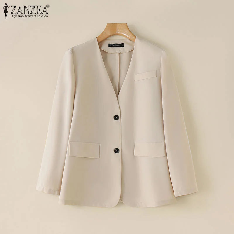 Elegant Solid Suit Jackets Long Sleeve Button Up Autumn 2024 V Neck Outwear Tops Office Lady Women Commute Fashion Blazer