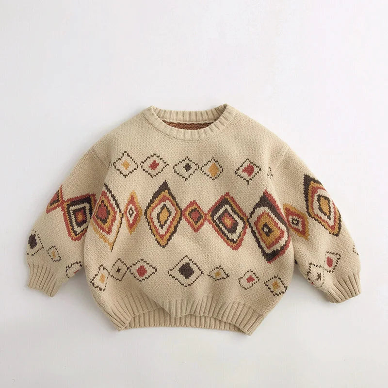 Autumn Winter Colourful Grid Retro Kids Sweaters Vintage Boys Warm Pullover Thicken Girls Knitwear Coat 1-6Y Unisex