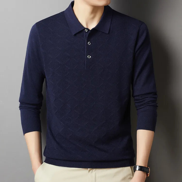 Men's High Quality Woollen Polo Shirt, Blend Fashionable Embroidered Long Sleeve Tee, Korean Style Casual Menswear