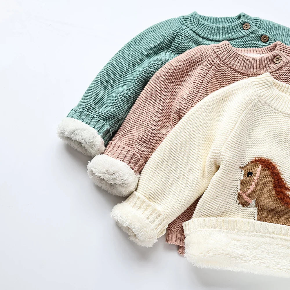 Winter New Cartoon Kids Baby Sweaters Fur Lining Kids Knitwear Fleece Boys Girls Pullover Coat 1-6Y Unisex