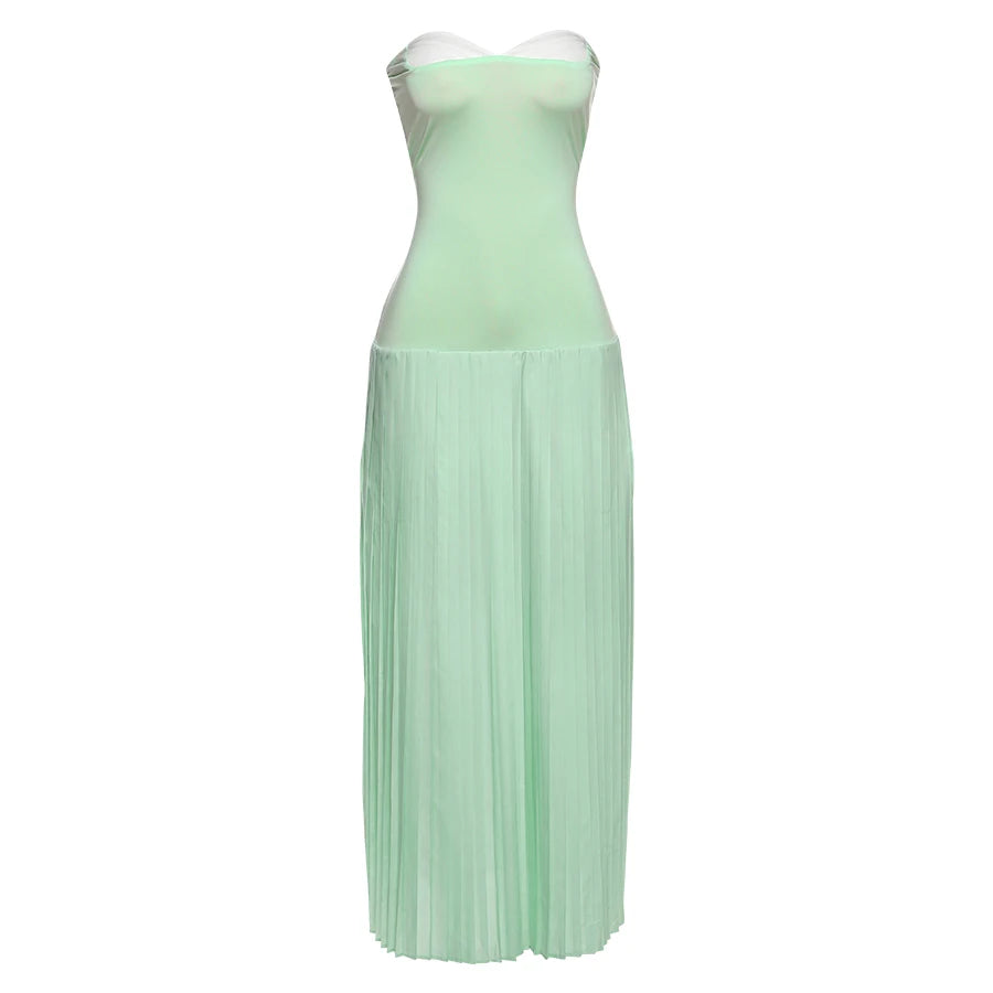 Patchwork Strapless Sexy Dress Women 2025 Summer Elegant Slim High Stretch Draped Pleated Birthday Party Bodycon