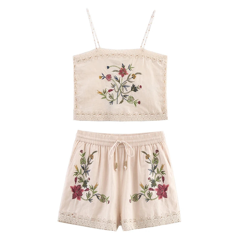 Women's Floral Embroidery Casual Shorts with Elastic Waist And Drawstrings Middle Age Polyester Shorts Summer 2025 Collection