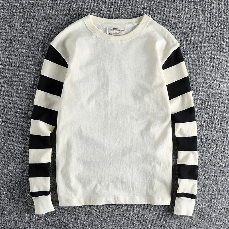 Herfst Amerikaanse Retro Lange Mouw Zwaargewicht Gestreept T-shirt Herenmode Puur Katoen Gewassen Gevangenis Motorfiets Casual Tops