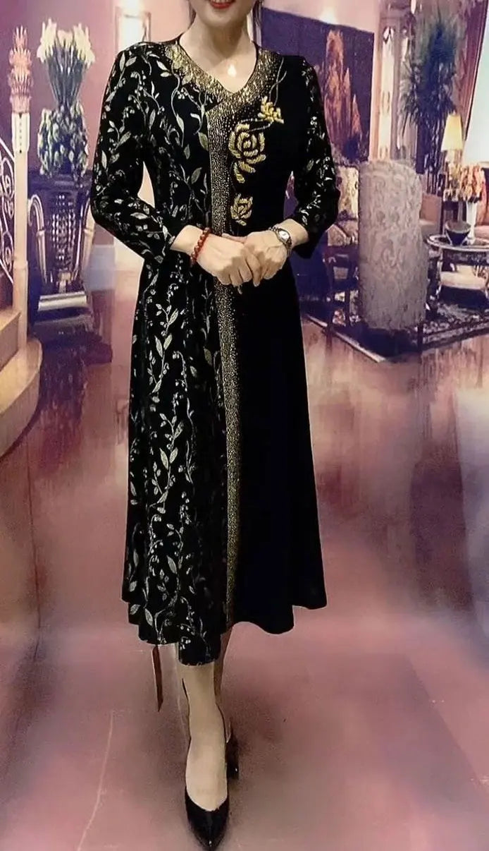 Commute Printed Elegant V-Neck Dresses Spring Autumn New A-Line Women's Clothing Long Sleeve Stylish Floral Diamonds Long Dress