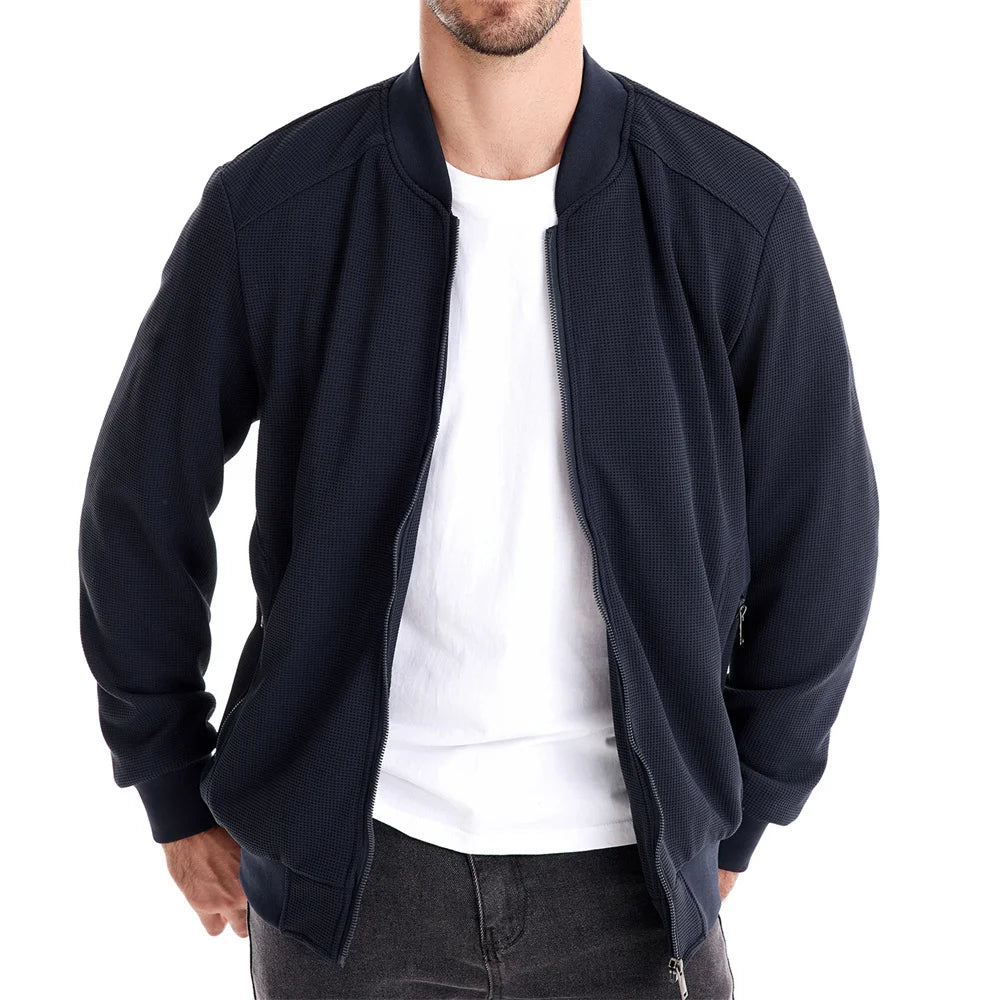 Men's Waffle Fleece Lined Bomber Jacket Autumn Winter Warm Casual Zipper Pocket Outwear Jackets and Coats for Men