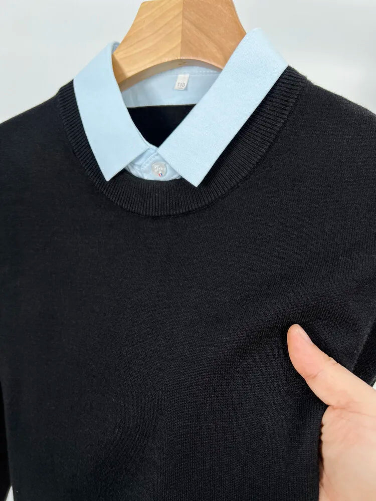 Unisex Knit Sweater Dark Navy False Two-Piece Design Thickened Layered Look With Built-in Collar Soft Touch & Warm Sweater For Men & Women