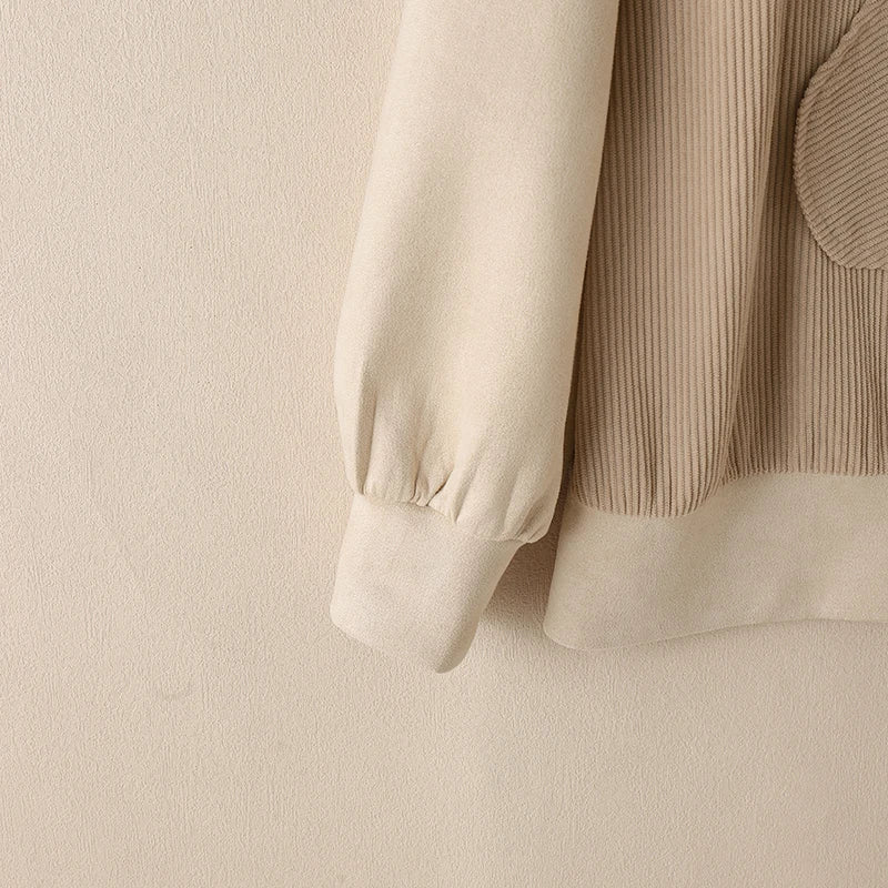Women Patchwork Corduroy Hoodies Loose Casual Irregular Pocket Hooded Sweatshirts 2024 Fall Colour Block Long Sleeve Tops