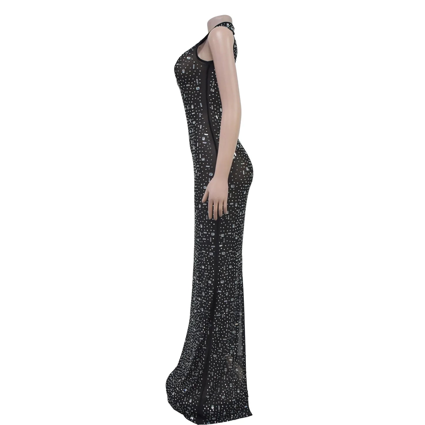Women's Sexy See Through Sheer Mesh Halter Sleeveless Rhinestone Decor Floor-length Party Dress