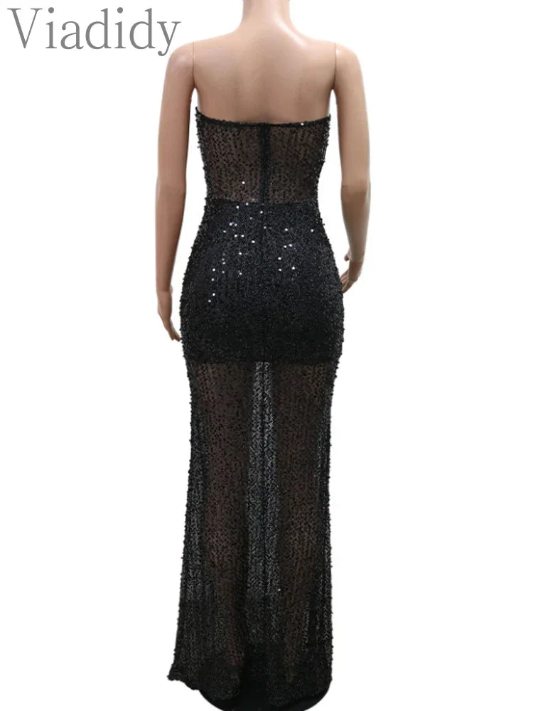 Sexy Strapless Sequin Party Dresses Long Cocktail Formal Prom Dress