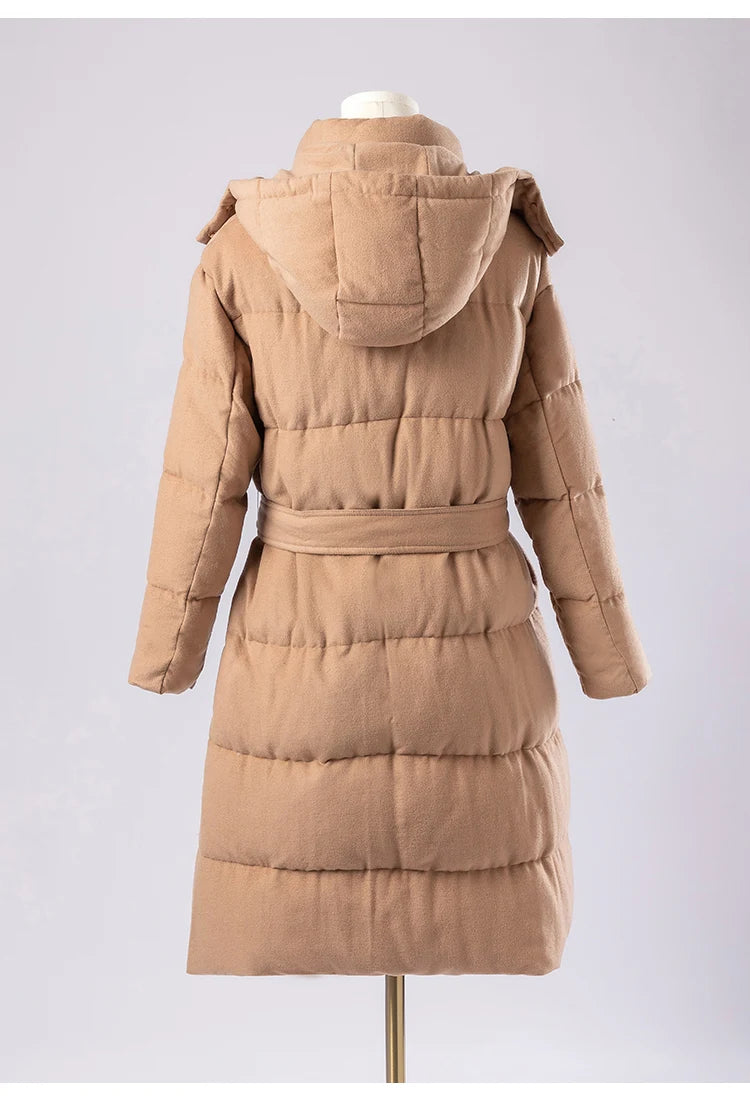 Women's Luxury Puffer Wool Winter Jacket, Duck Down Coat, Long Hat Detachable Hooded Outerwear For Ladies