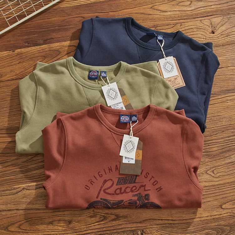 Herfst Nieuwe Amerikaanse Retro 450g Dikke Fluwelen Motorfiets Bedrukte Sweatshirts Heren Eenvoudige Gewassen Jeugd Casual Pullover Sportkleding