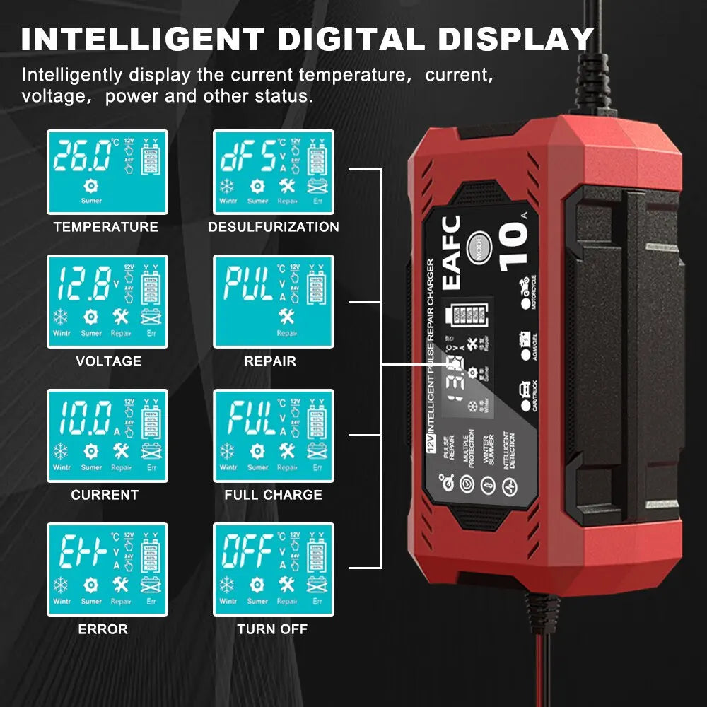 Car Battery Charger 12V 8A 10A Touch Screen Pulse Repair Digital LCD Display Smart Fast Charger for Car Motorcycle