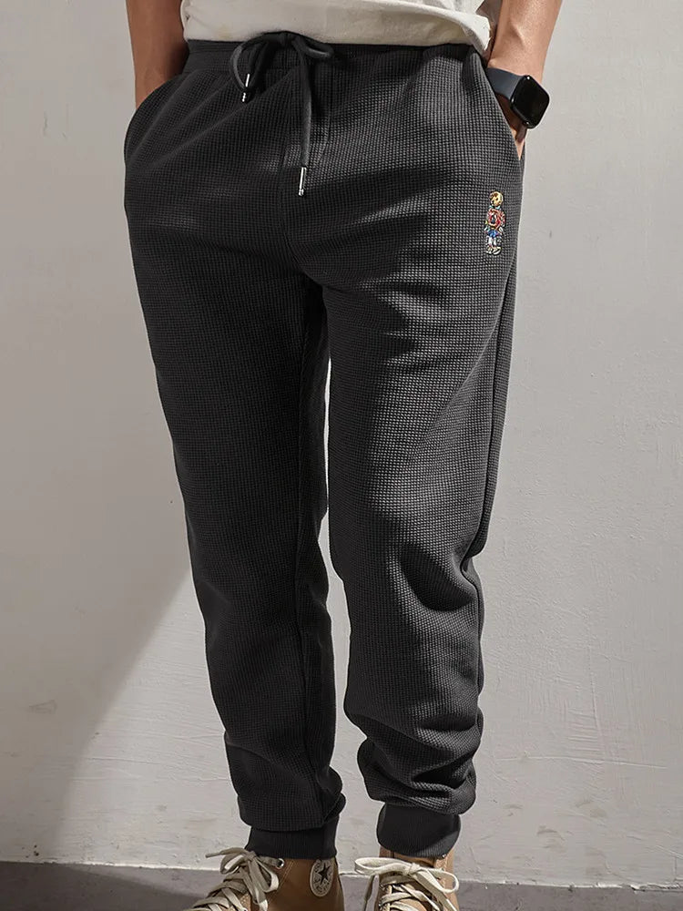 Autumn American Simple Waffle Embroidery Sweatpants Men's Fashion Pure Cotton Loose Elastic Waist Drawstring Sport Casual Pants