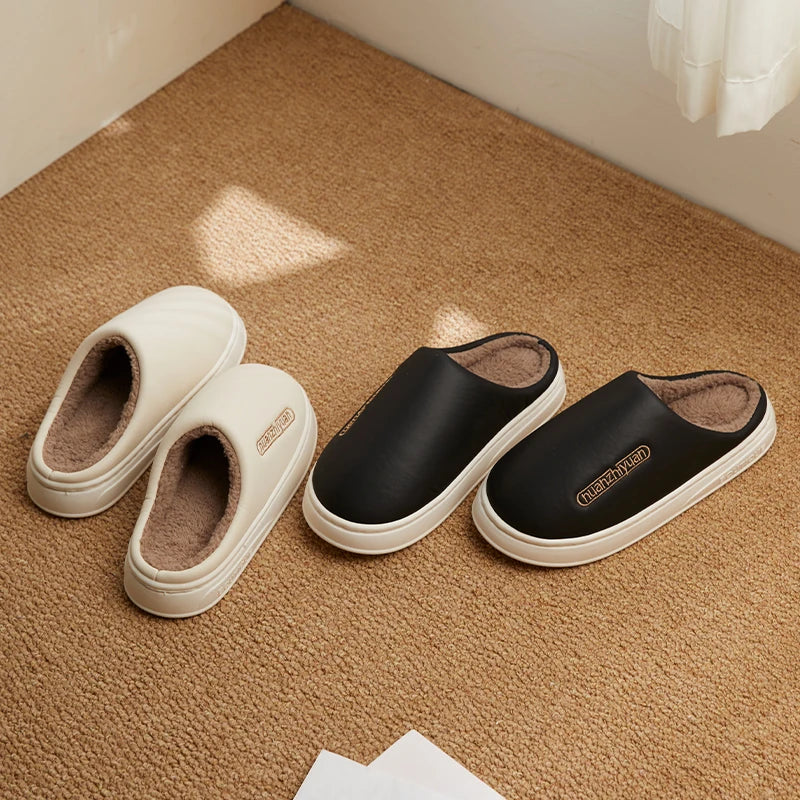 Unisex Anti-slip Waterproof Winter Cotton Slippers Women Men Home Indoor Warm House Shoes Couple Soft Flat PVC Sole Footwear