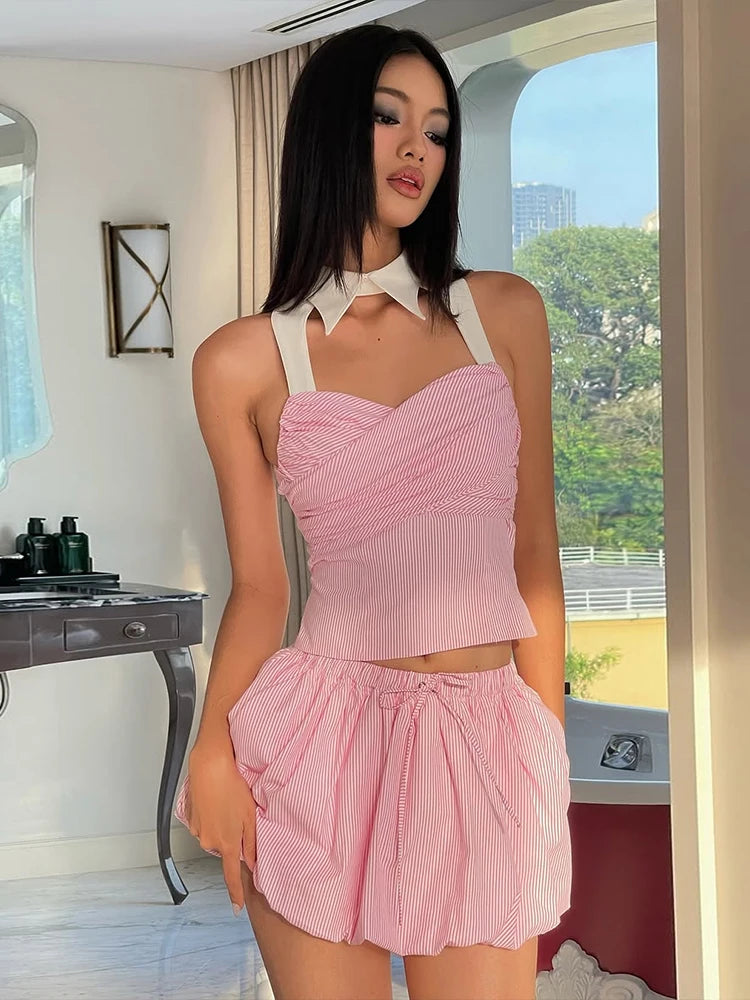 Sweet Fit Striped Print 2Piece Set Women Patchwork Button Hollow Backless Button Tops + Lace-Up Puffy Skirt Matching Suit