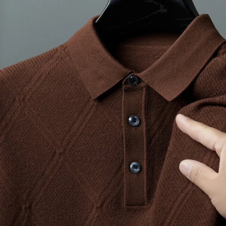 Men's Solid Colour Geometric Pattern Warm Polo, High Quality Woollen Sweater, Suitable For Business Casual & Daily Commute