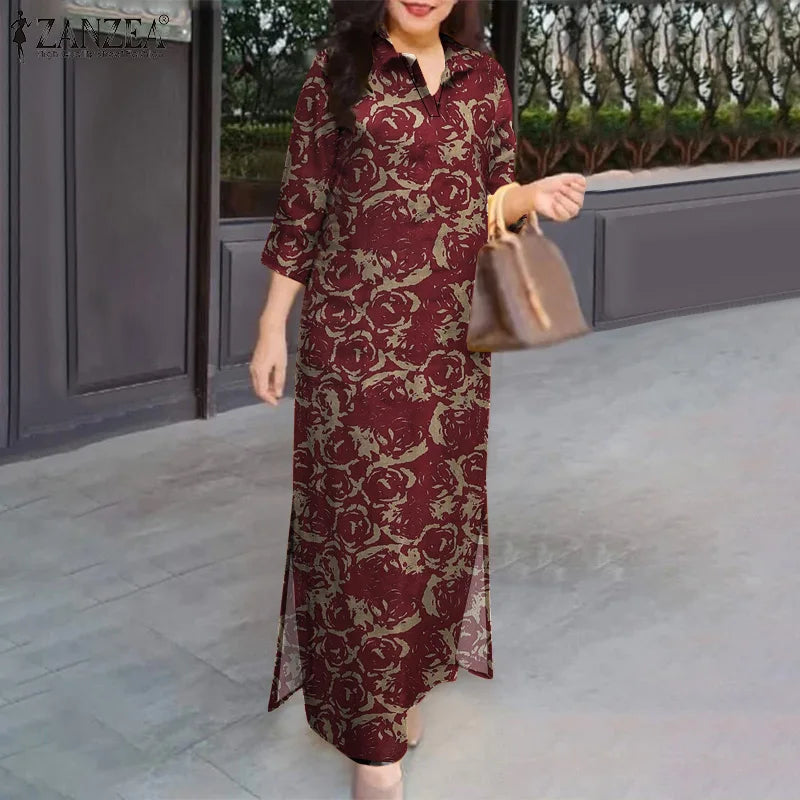 Floral Print Casual Long Vestidos Pure Cotton Vintage Slit Hem Autumn Shirtdress 3/4 Sleeve Women Vacation Maxi Dress