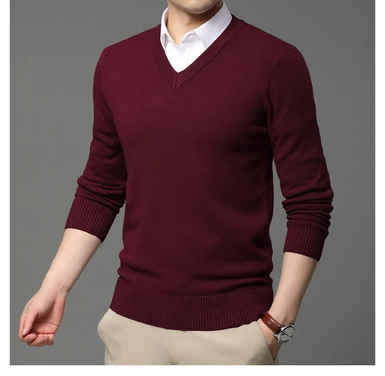 Men's High Quality Fashion Brand, Woollen Knit Pullover V-Neck Sweater, Autumn and Winter Casual Male Jumper