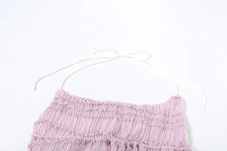 Sexy See-Through 2 Piece Set Women Lace-Up Halter Backless Crop Tops + Ruched Elegant Skirts Vacation Beach Party Suits