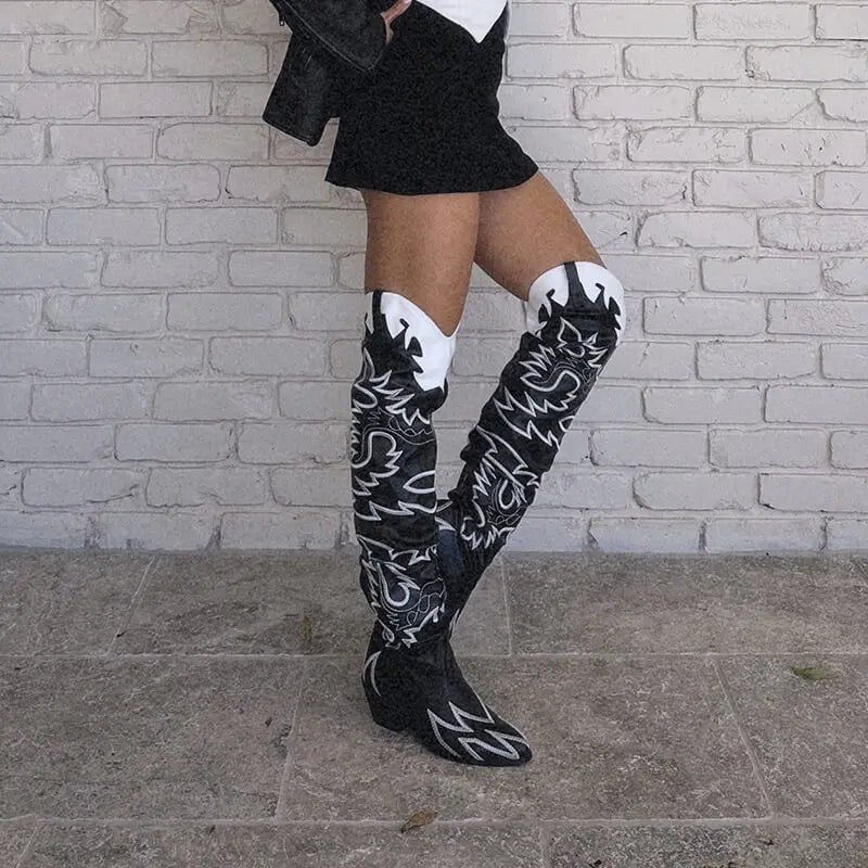 Woman Knee High Boots Western Cowboy Boots Wide Calf Embroidered Women Pointed Toe Block Heel Pull-On Cowgirl Boots