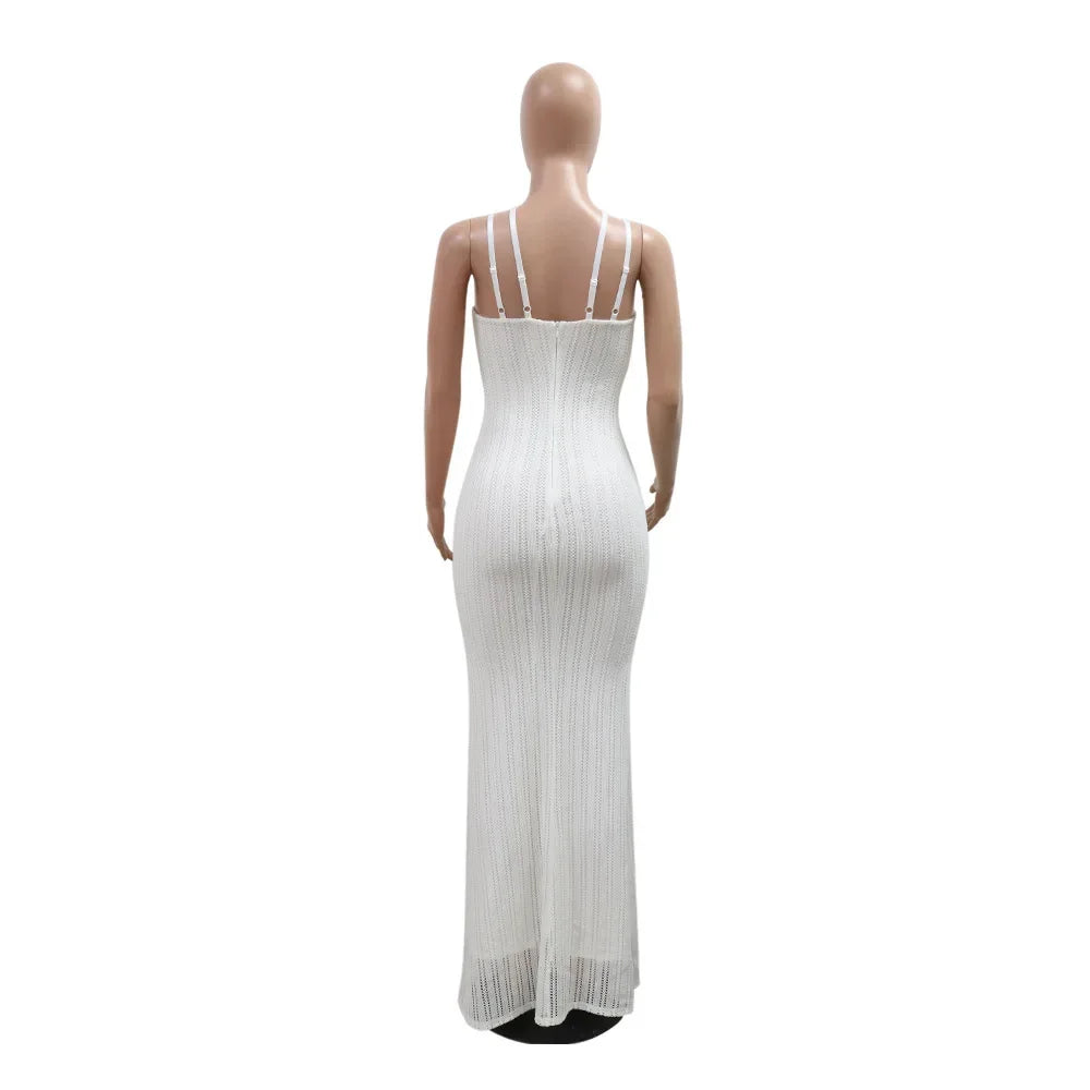 Women Sexy Solid Color Spaghetti Strap Sleeveless Backless Embroidery Floor-length Party Dress