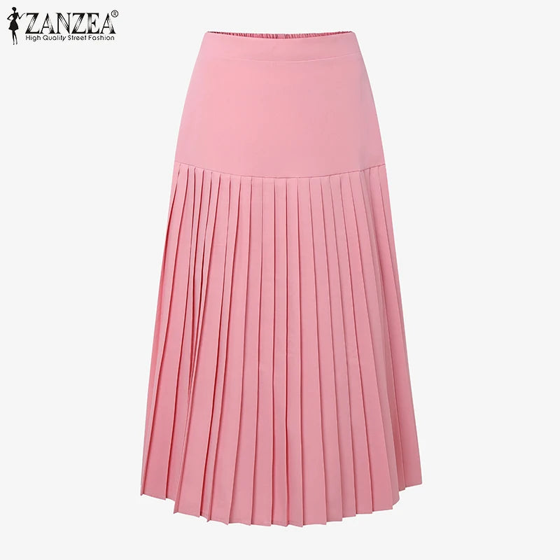 Elegant A-Line Pleated Skirts Women Fashion High Waist Patchwork Midi Faldas Mujer Office Commuting Solid Jupes Femme