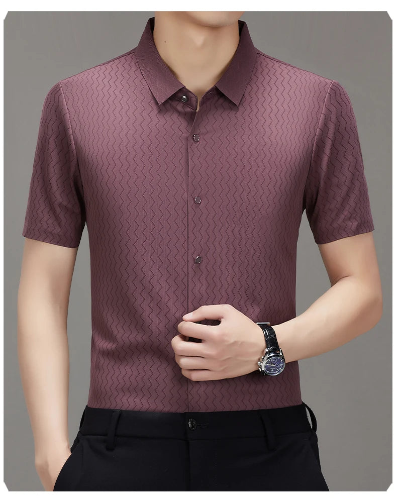 Men's Summer Lapel Shirt, Slim Fit Short-Sleeved, Fashion Dark Pattern Knitted Fabric Polo Shirt