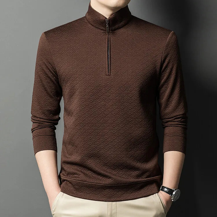 Men's Zipper Stand-Up Collar Long Sleeve T-shirt, Autumn & Winter Fashion Brand Loose Pullover With Advanced Geometric Jacquard Fabric
