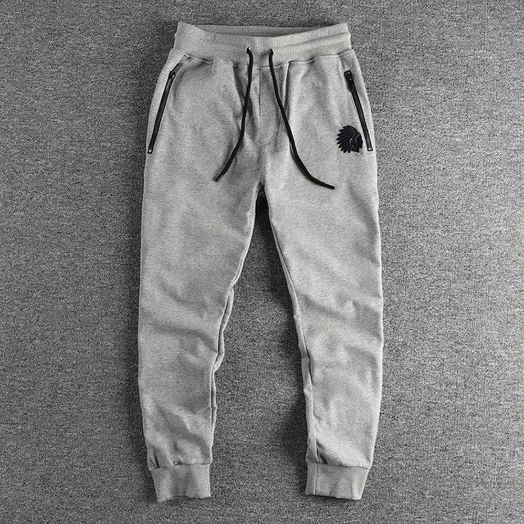 Autumn American Retro Terry Knitted Embroidery Sweatpants Men's Simple Elastic Waist Drawstring Sport Casual Youth Slim Pants
