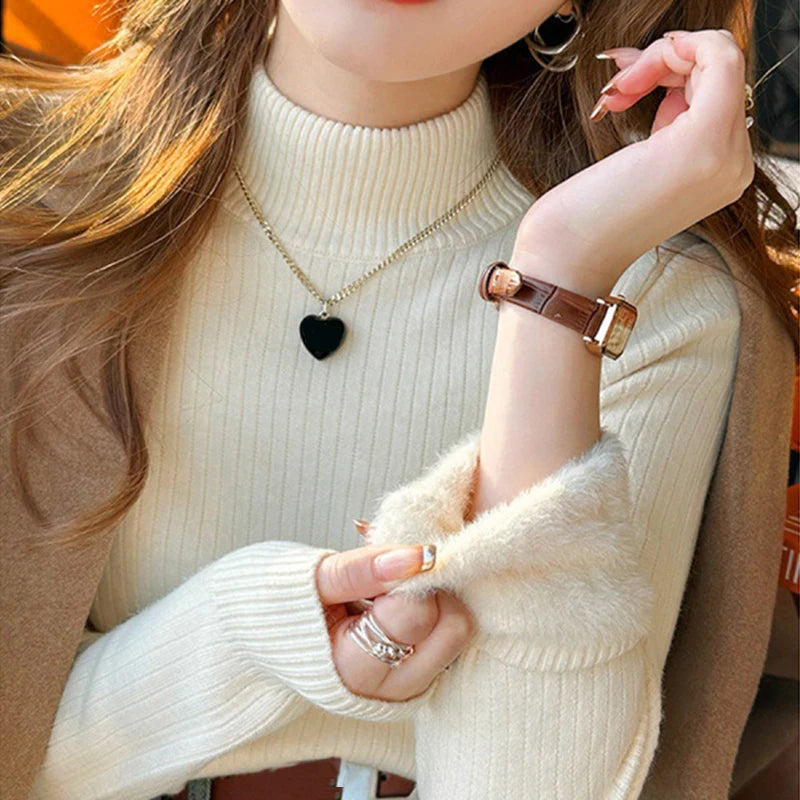 Women's Turtleneck Sweater Winter Retro Red With Velvet Lining Thickened Inner Wear Thermal Knitting Bottoming Shirt