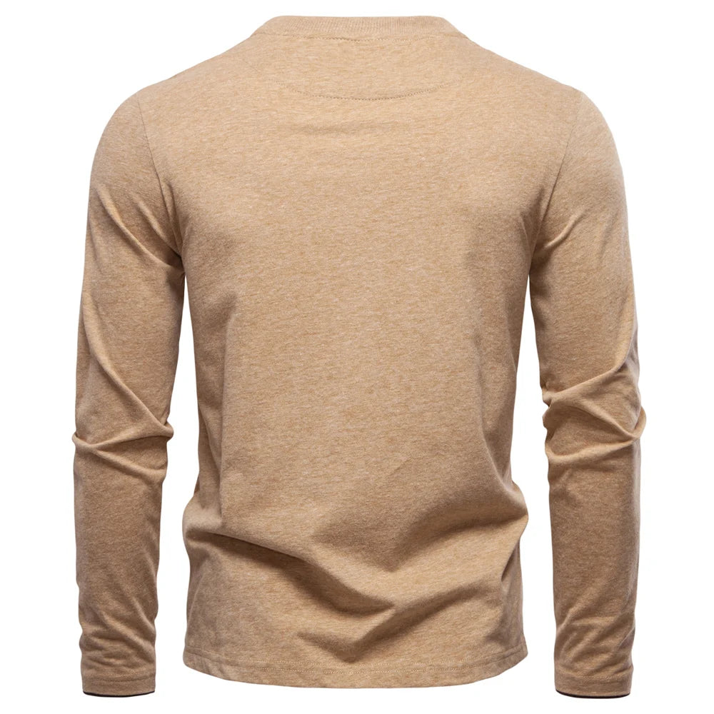 Men's Henley Collar Casual T-Shirt Solid Colour Long Sleeve Autumn Fashion High Quality 100% Cotton Male T-Shirts